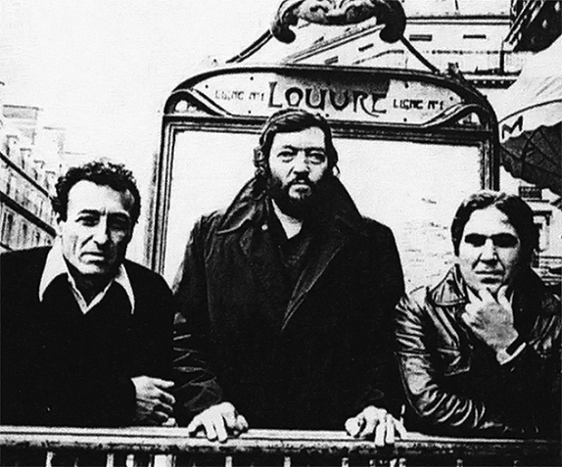Edgardo Cantón, Julio Cortázar y Juan Cedrón en París